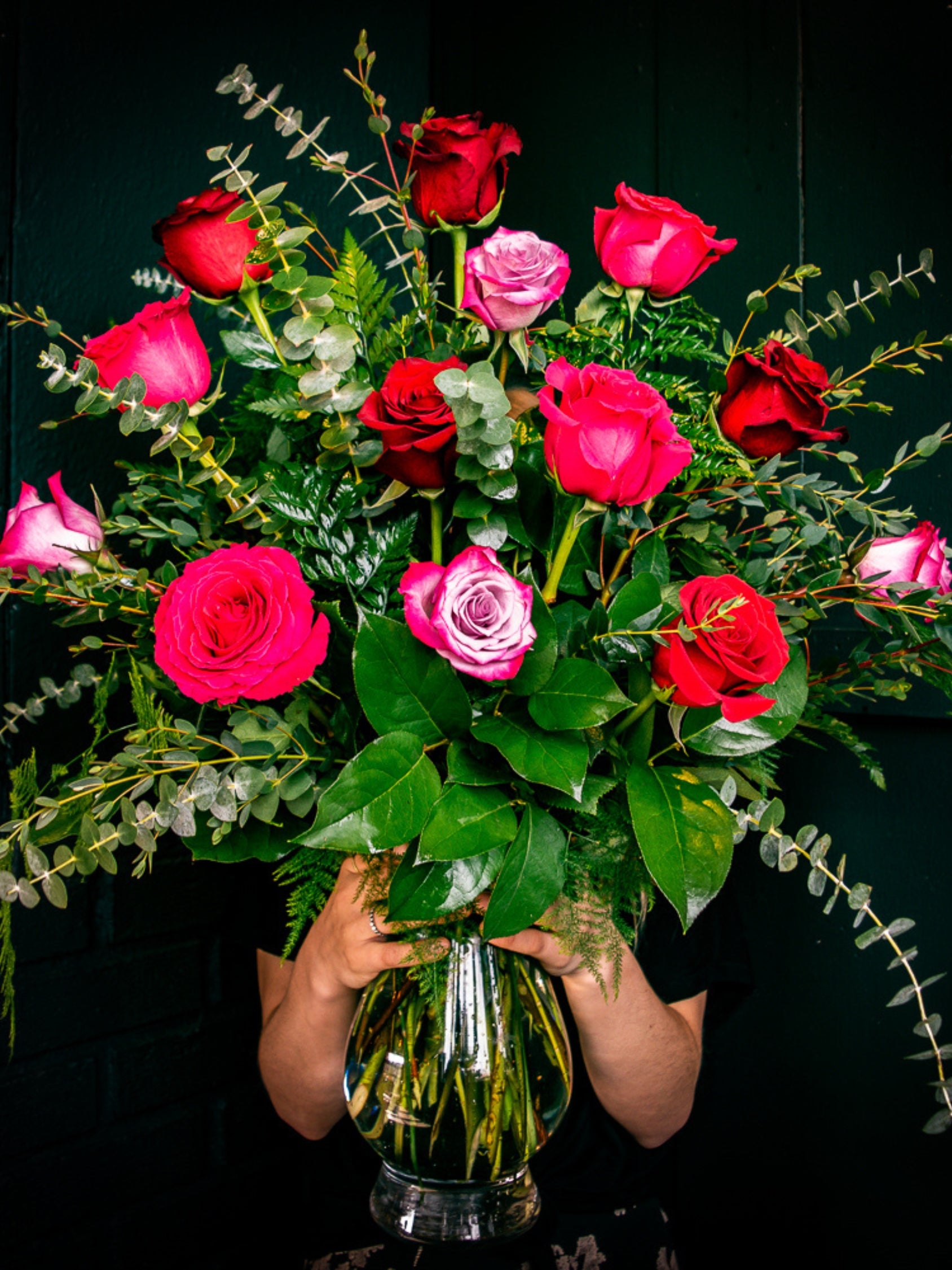 Mixed Dozen Roses in a vase by The Flower Cart